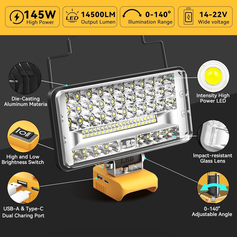 MtiolHig 2Pcs Cordless LED Work Light Compatible with Dewalt 20V Battery, 145W 14500Lumens Flood Light Gifts for Men with USB&Type-C Charging for Workshop, Garage, Camping, Jobsite - Image 2